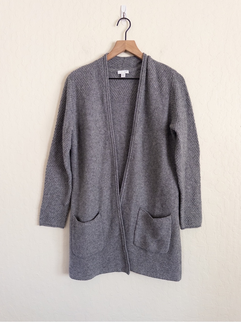 J Jill Cotton Wool Textured Knit Open Front Longline Patch Pocket Cardigan Sm